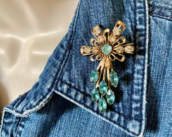 Vintage Pin - Aqua Waterfall Brooch - Rhinestone Pin - Blue Pins - Floral Jewelry -Vintage Pins - Trendy Jewelry - Brooches - Estate Jewelry