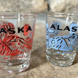 Vintage Shot Glasses, Set of Two Shot Glasses, Alaska Shot Glasses, Mt. McKinley Shot Glasses, Vintage Bar, Barware