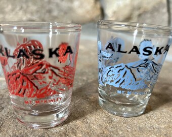 Vintage Shot Glasses, Set of Two Shot Glasses, Alaska Shot Glasses, Mt. McKinley Shot Glasses, Vintage Bar, Barware