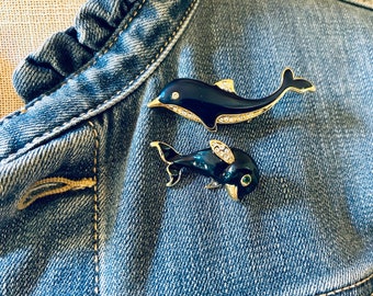 Set of Two Nautical Pins, Whale Pin Brooch, Dolphin Pin Brooch, Rhinestone Brooch, Ocean Life, Gifts for Beach Lovers, Resort Jewelry, Sea