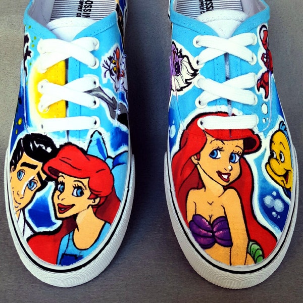 Custom Hand-painted Little Mermaid skate shoes featuring Ariel, Eric, Ursula, Sebastian & more - Perfect for your favorite fan