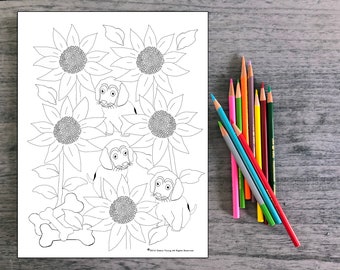 3 Printable Coloring Sheets. Sunflowers and Beagle Puppies. Floral Coloring Sheets. Adult Coloring & 1 Coloring Page for Kids.