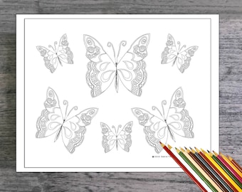 4 Printable Coloring Sheets. Fiesta Butterfly Coloring Sheets.  Butterflies, Flowers, Swirls and the Sun for You To Color.  Adult Coloring.