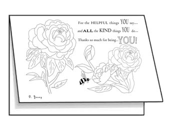 Printable Notecard for You to Color or Send to Person Who Enjoys Coloring. Peony Flowers Coloring Page in a Thank You Notecard Format.