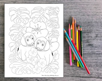 4 Printable Coloring Sheets. Beagle Puppies in Tropical Garden. Floral Coloring Sheets. Coloring for Adults and 1 coloring page for kids.