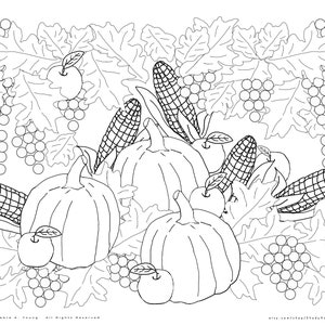 Op de afbeelding: Zwart-wit lijntekening van een herfsttafereel. Pompoenen, maïs, appels en druiven zijn gerangschikt tussen bladeren. De afbeelding bevat de tekst "©2016 Debra A. Young. All Rights Reserved" en een websiteadres.