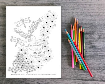 3 Printable Coloring Sheets. Twin Kittens in Grandmother's Garden. Floral Coloring Sheets. Dragonflies to Color.