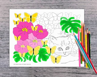 2 Printable Coloring Pages. 1 Adult Coloring & 1 for Kids. Tropical Flowers, Kittens and Butterflies.  Print and Color or Digital Color.