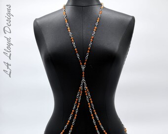 Stainless Steel and Peach Aventurine Double Swing Body Chain