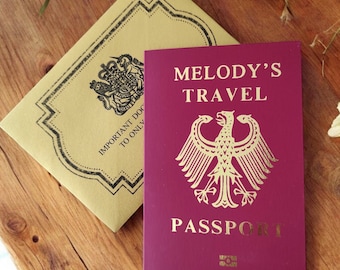 Convite para passaporte de presente de viagem surpresa, bilhete surpresa de Natal, revelação de cartão de passaporte raspável, passaporte com folha de ouro, passagem aérea