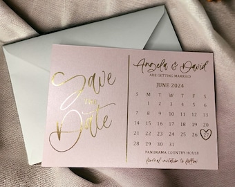 Blush Pink Minimalist Save the Date Cards, Calendar Save the Date Black Cards, Gold/ Silver Foiled Wedding Save the Date Cards