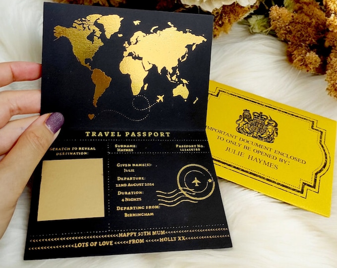 GOLD Foil Passport Scratch & Reveal Travel Ticket Surprise Gift Card: Holiday Announcement for Valentine’s, Anniversary, Birthday Trip Away