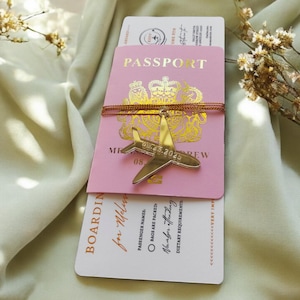 Blush rosa Luxus Pass Hochzeitseinladung Set | Personalisierte Flugzeug-Anhänger & Folie Bordkarte | Bestimmungsort Hochzeit, Spiegel Plexi Flugzeug