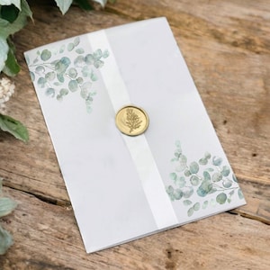 Eucalyptus Vellum Wrap, Wedding Greenery Vellum Jacket 5 x 7 inches, Vellum Invitation Cover, Vellum Invitation Wraps