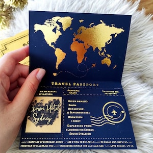 Carte à gratter passeport feuille d'or, voyage d'anniversaire surprise, faire-part d'anniversaire de passeport, carte à gratter d'anniversaire, billet d'avion à gratter