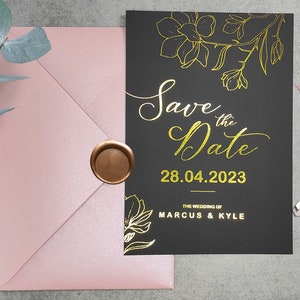 GOLDfolie Save the Date Schwarze Karten, Minimalistische Save the Date Schwarze Karten, Gold / Silber folierte Hochzeit Save the Date Karten