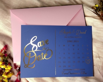Gold Foil Calendar Save the Date Cards: Navy Blue Minimalist Wedding Postcard