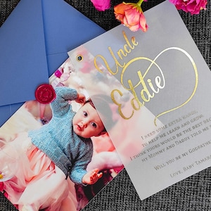 Oro personalizzato Sarai il mio padrino Card, Vellum Godfather Card, Will You Be My Godparents Foto Carta Proposta Regali per Padrino