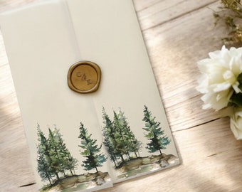 Evergreen Pine Forest Vellum Wrap, 5x7 Vellum Wedding Jacket, Rustic Vellum Jacket, Mountain Tree Printed Wrap for DIY Invitations