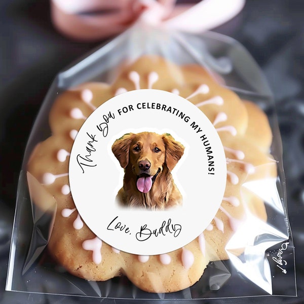 Benutzerdefinierte Hochzeitsbevorzugungsaufkleber für Hunde, personalisiertes Hochzeitsbevorzugungsetikett mit Foto eines Ehrenhundes, Leckerlibeutel für Hunde. Aufkleber „Danke für das Feiern“.