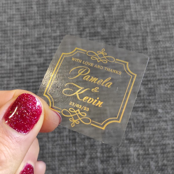 Gold Foil Wedding Favors, Transparent Labels, Stickers for Wedding, Bridal Party Decor, Square Favor Stickers, Gold, Wedding Party