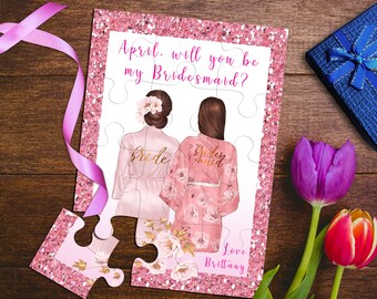 Will You Be My Maid of Honor Puzzle, Rose Glitter Maid of Honor Invitation, Blonde and Brunette Bride and Maid of Honor in Bridal Robes