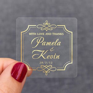 Gold Foil Wedding Favors, Transparent Labels, Stickers for Wedding, Bridal Party Decor, Square Favor Stickers, Gold, Wedding Party