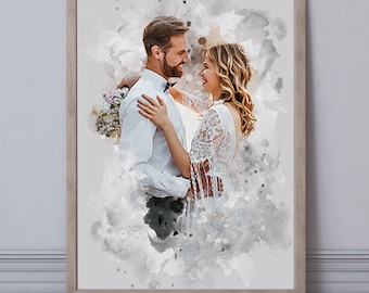 Pintura a partir de una foto, ilustración de boda, retrato de pareja en acuarela a partir de una foto, regalo de aniversario para esposa y esposo, impresión de boda personalizada