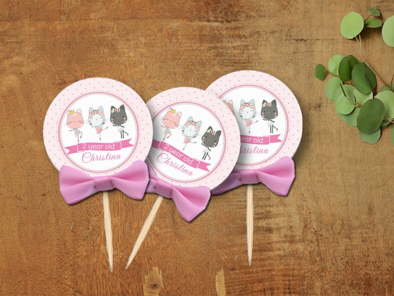 Pink Ballerina Cake TOPPERS Custom Cake Toppers Cute Cat Birthday Toppers Ballerina Birthday Cupcake Topper Set Baby Shower Toppers 10CT