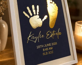 Personalisierter Baby Hand & Fußabdruck Foliendruck, neues Baby Andenken Geschenk, Geburtsanzeige Druck, Free Ink Kit