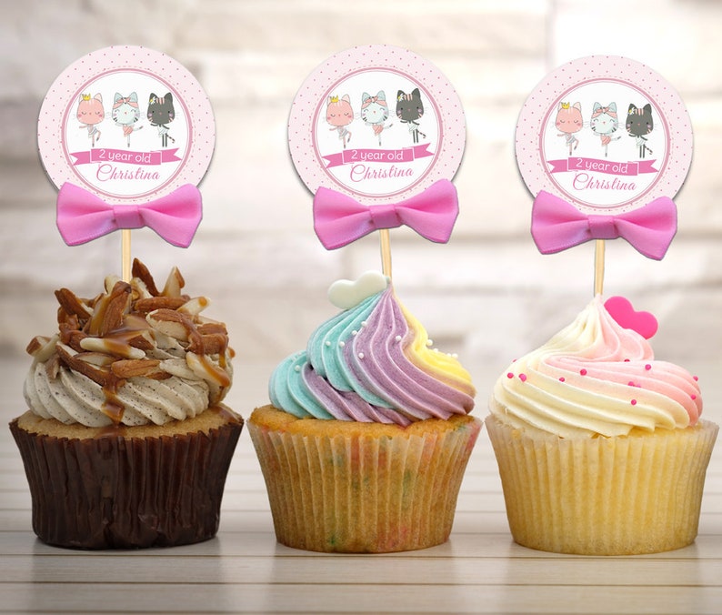 Pink Ballerina Cake TOPPERS Custom Cake Toppers Cute Cat Birthday Toppers Ballerina Birthday Cupcake Topper Set Baby Shower Toppers 10CT