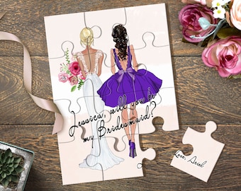 Personalized Bridesmaid and Maid of Honor Proposal Puzzle with Dress Illustrations, Thank You Bridesmaid, Matron of Honor Proposal Gift