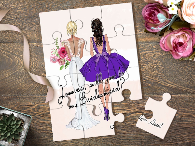 Personalized Bridesmaid and Maid of Honor Proposal Puzzle with Dress Illustrations, Thank You Bridesmaid, Matron of Honor Proposal Gift image 1