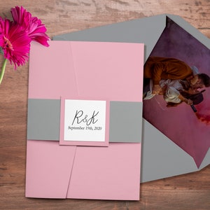 Dusty Rose POCKETFOLD Wedding Invitations, Silver Envelope with Custom Photo Liner Wedding Invitations, Modern Rose Gold Wedding Invites
