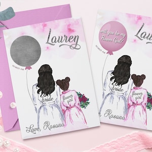 Ragazza di fiore personalizzata Scratch Off/ Sarai la mia damigella d'onore Junior / Palloncino d'oro rosa / Stile di capelli con nome personalizzato / Carta di ragazza di fiore