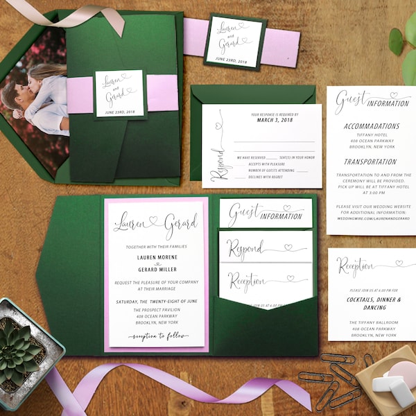 Invitations de mariage Emerald POCKETFOLD, invitations de mariage botaniques Pocketfold, invitations de mariage vertes modernes et police de cœur