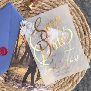 Pergament Save the Date mit Foto, transparente personalisierte folierte Save the Date in Gold, Goldfolie Hochzeit Save the Date Karten