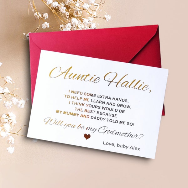 Personalized GOLD Foil Will you be my Godmother Proposal Card - Godmother Card with Poem- Ask Godmother Card Gold Godparent Proposal Card