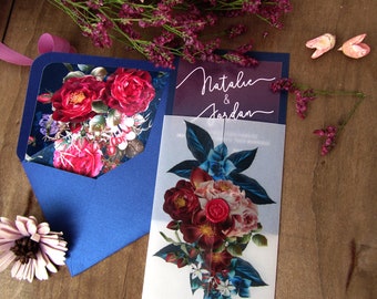 Burgundy and Navy Floral Wedding Invitations, Wedding Invitation with Vellum Wrap and Marsala Wax Seal, Navy Romantic Wedding Invitations,