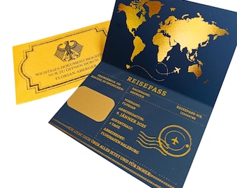 Cartão de raspadinha de passaporte alemão em folha de ouro, viagem surpresa de aniversário, convite de aniversário para passaporte, raspadinha de aniversário, viagem de viagem