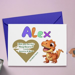 Carte de proposition de dinosaure au porteur de l'anneau à gratter - Gratter la page Carte de proposition de garçon - Serez-vous notre porteur d'anneau ? Carte personnalisée