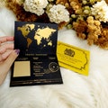 GOLD Foil Passport Scratch & Reveal Travel Ticket Surprise Gift Card- Holiday Announcement for Valentine's, Anniversary, Birthday Trip Away product logo