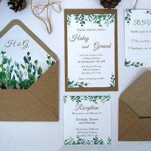 Inviti di nozze nel verde eucalipto, verde botanico nozze, inviti di nozze di Kraft, floreale matrimonio, Boho romantico matrimonio invita
