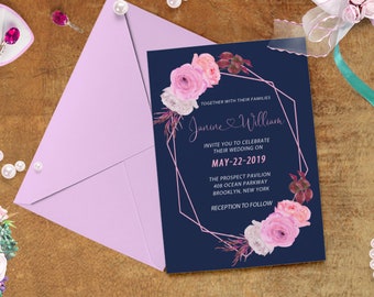 Navy and Blush Pink Floral Wedding Invitation Set, Geometric Wedding Invitation, Navy Floral Wedding Invitations, Blush Floral Wedding Set