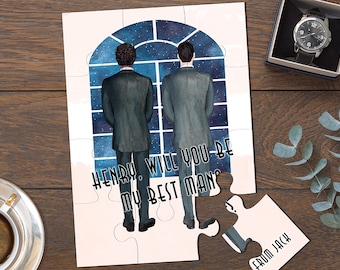 May include: A white puzzle card with a watercolor illustration of two people in suits standing in front of a window with a starry night sky. The text on the card reads "Henry, will you be my best man?" and "From Jack".