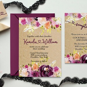 Invitation de mariage de Bourgogne, Invitation de mariage floral rustique, Invitations de mariage Kraft, Invitation romantique de mariage de Boho, MODERNE Kraft SAMPLE