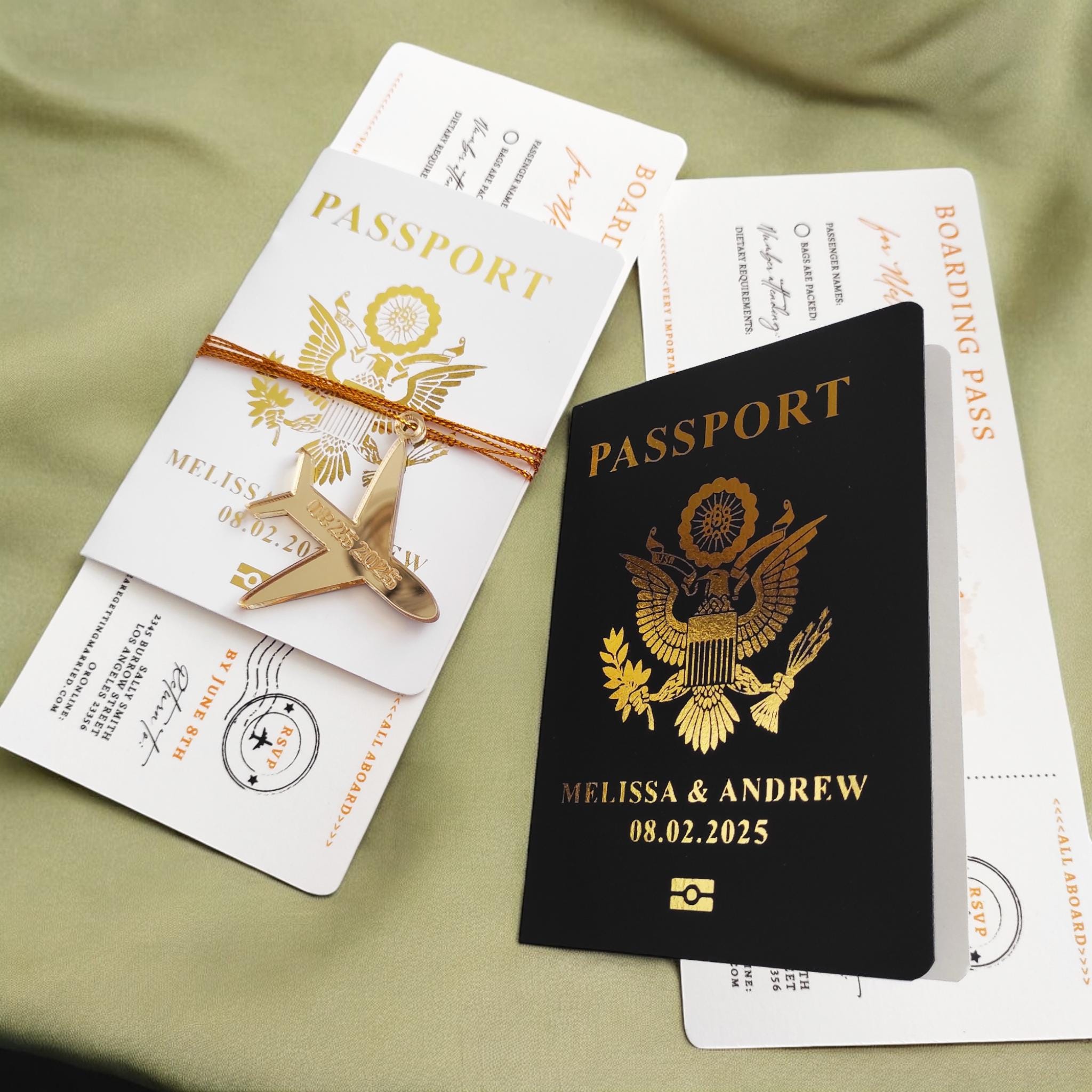 Gold Passport Wedding Invitation - Luxury Engraved Plane in Gold Plexi Passport & Real Gold Foil Destination Wedding