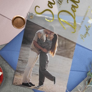 Elegante Hochzeit Save the Date Karten mit Foto, Hochzeit Pergament Save the Date Karte, Goldfolie Hochzeit Save the Date Karten
