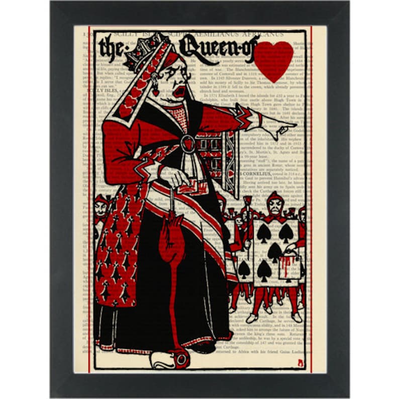 ART PRINT ON ORIGINAL ANTIQUE BOOK PAGE tattoo Alice queen of hearts Dictionary