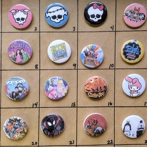 1.25&quot; TV and Movie Button pins -- Pin these to your carry on bag, back pack, purse, shirt, apron, lanyard vest suspenders jacket. iCarly pin